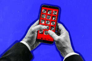 Collage image artwork of arms hold use modern device mobile phone photo media gallery human eyes isolated on drawing background